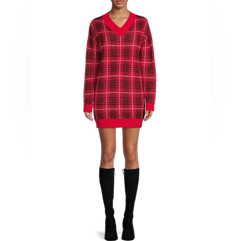 No Boundaries Red Plaid Sweater Dress
